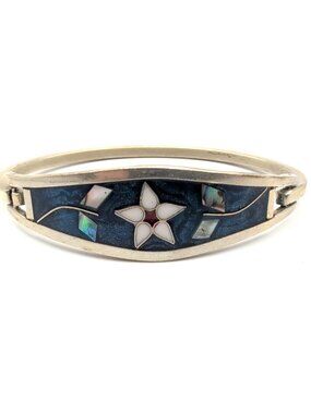 Vintage Mexico Abalone Shell and Enamel Floral Clasp Bracelet Silver Tone GUC